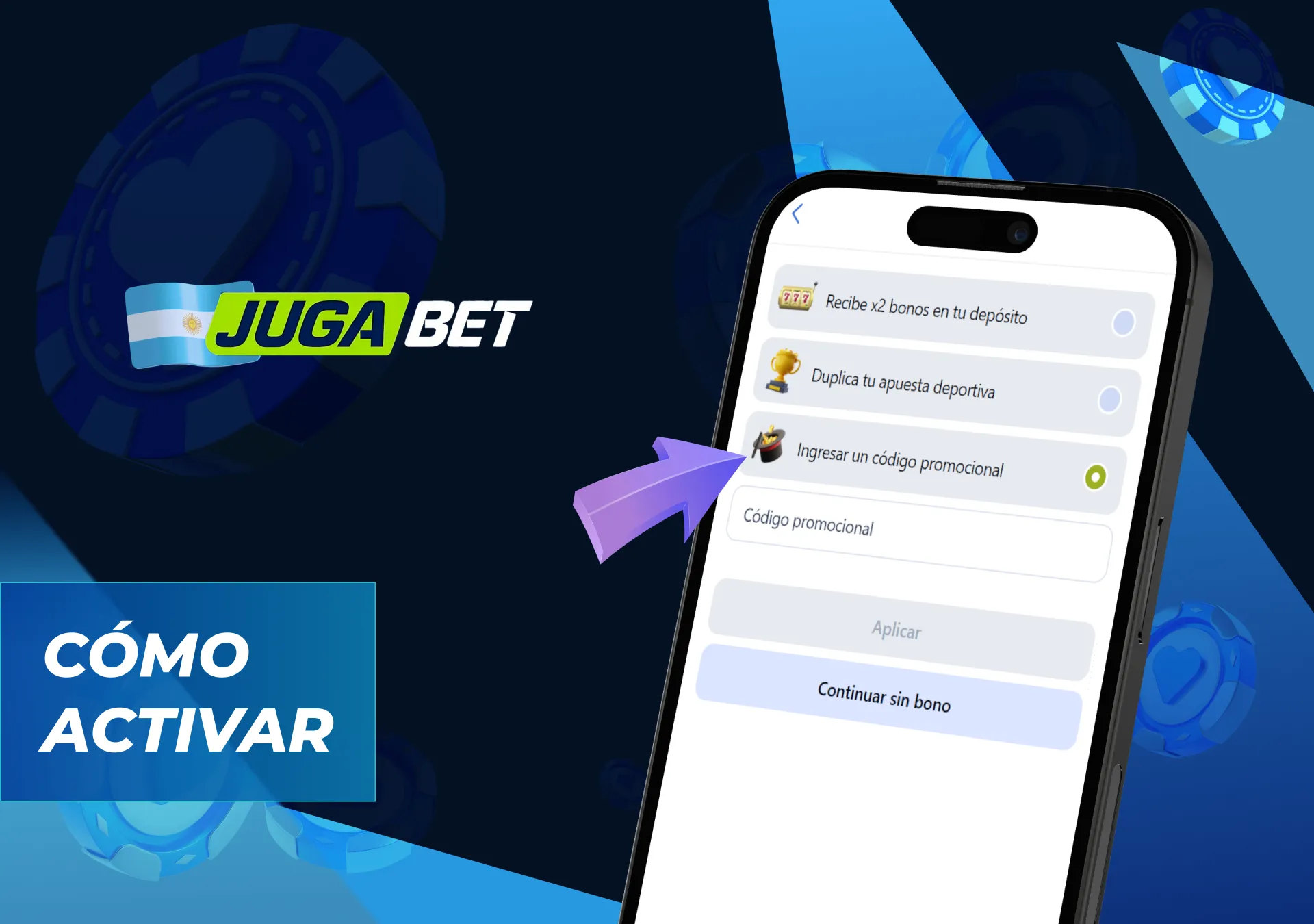 Proceso de activación del código promocional en el sitio del casino para usuarios de Argentina.